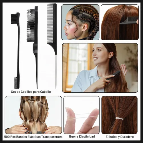 Vista 6 de Cepillo de cerdas de jabalí con cepillo de cerdas anchas de jabalí, barra de cera para el cabello, 500 bandas elásticas de goma para mujeres y Negro