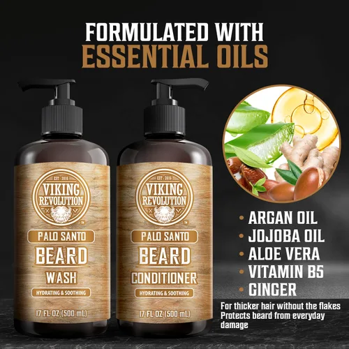 Vista 3 de Viking Revolution Juego de champú y acondicionador para barba Palo Santo con aceites de argán y jojoba - Suaviza y fortalece - Aroma natural a Palo