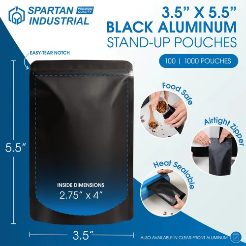 Vista 2 de Spartan Industrial Bolsas de Mylar de Pie de 3.5" X 5.5" Negro Mate - 100 Bolsas Pequeñas a Prueba de Olores con Apertura Termosellable y Cremallera