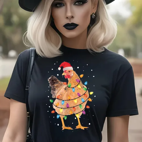 Vista 3 de Funny Christmas Chicken Shirt, Santa Hat Chicken Lights Tee Sweatshirt Hoodie, Farm Animal Holiday Graphic T-Shirt, Cute Country for Women Black