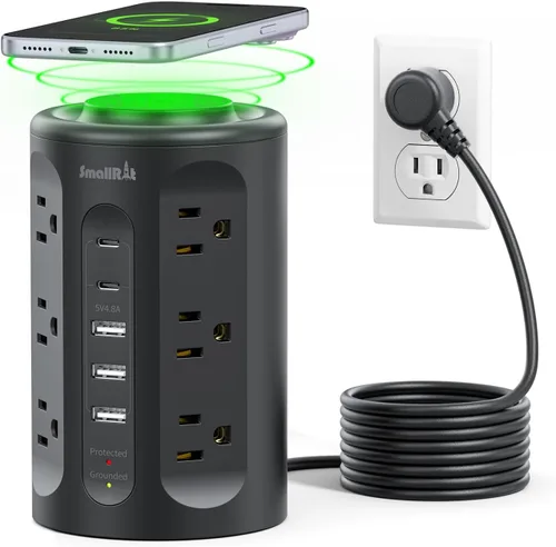 Vista 8 de Torre de regleta de protección contra sobretensiones con 5 puertos USB y luz nocturna, cable de extensión de 10 pies con 12 tomas de corriente Negro