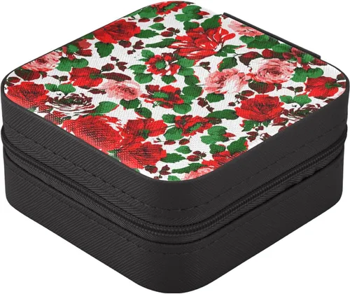 Vista 2 de WELLDAY Jewelry Box Red Rose Flower Portable Travel Jewelry Case Organizer Bag Storage Box for Necklace, Earrings, Rings, Bracelet