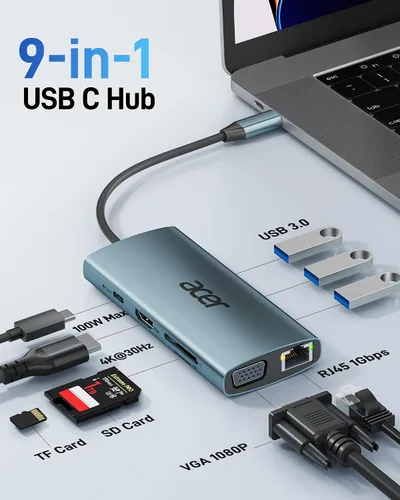 Vista 2 de Acer Hub USB C con HDMI 4k, adaptador USB C 9 en 1 a Ethernet, estación de acoplamiento USBA 3.0 de 5 Gbps, divisor VGA, lector de tarjetas SD, Gris