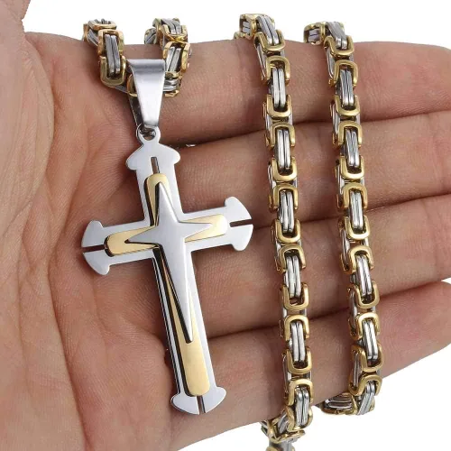 Vista 2 de Trendsmax - Collar con colgante de cruz para hombre, acero inoxidable, cadena bizantina de 22 24 26 28 30 pulgadas