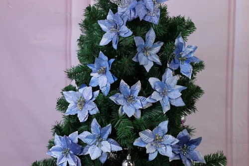 Vista 3 de Flores de purpurina de adorno para el árbol de Navidad, paquete de 12 Azul