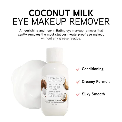 Vista 2 de Physicians Formula Removedor de maquillaje de ojos con leche de coco, impermeable, probado por dermatólogos, sin aceite, para pieles sensibles, 2