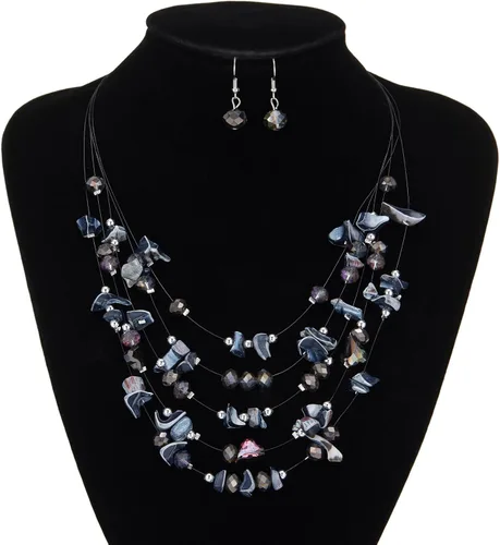Vista 4 de Collar de cuentas de concha bohemia de varias capas para mujer, hebra de cristal colorida con cuentas plateadas, collares y aretes, disfraces