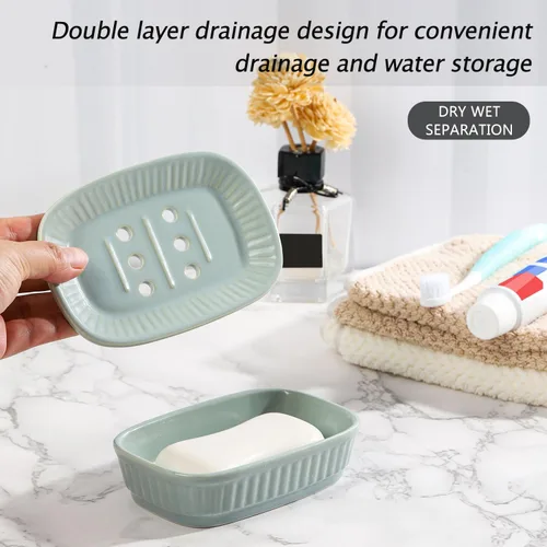 Vista 4 de VanEnjoy Jabonera de cerámica verde, jabonera autodrenante para fregadero de cocina, tenedor decorativo del cuarto de baño
