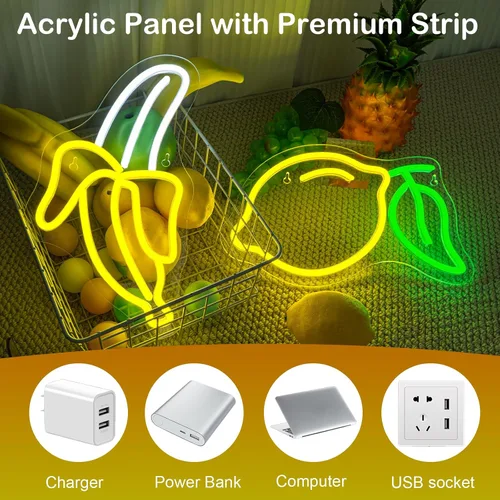 Vista 6 de Juego de 2 letreros de neón de plátano y limón (1 luz de plátano + 1 luz de limón) Luces de neón de frutas para decoración de pared, habitación