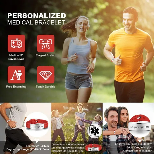 Vista 32 de OPALSTOCK Pulseras médicas personalizadas de silicona ajustable para identificación de emergencias, grabado gratuito, 9 pulgadas, resistente al