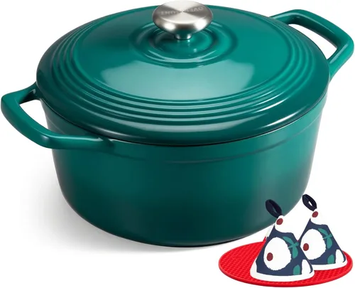 Vista 24 de Overmont - Horno holandés de hierro fundido esmaltado, de 4.5 QT, con tapa, libro de cocina (idioma español no garantizado) y agarraderas de verde