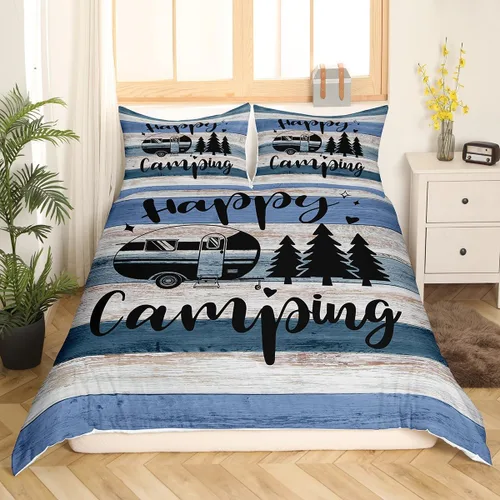 Vista 3 de Castle Fairy Juego de ropa de cama Happy Camping para niños, funda de edredón estilo granja occidental con cierre de cremallera, juego de ropa