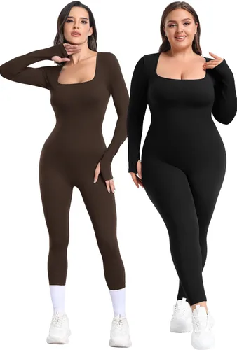 Vista 4 de Vigorics Overol de yoga de manga larga para mujer, con control de abdomen, acanalado, cuello cuadrado, bodycon