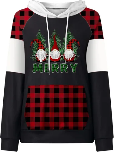 Vista 3 de Tops de Navidad para mujer, sudadera de manga larga con estampado a cuadros