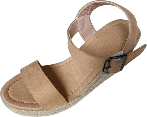 Vista 3 de HOSTINGG Sandalias de cuña para mujer, alpargatas con punta abierta, correa al tobillo, sandalias de plataforma