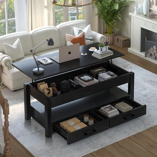 Vista 6 de FABATO Mesa auxiliar elevable de 41.7 pulgadas con 2 cajones de almacenamiento con compartimento oculto, estante de almacenamiento abierto para sala