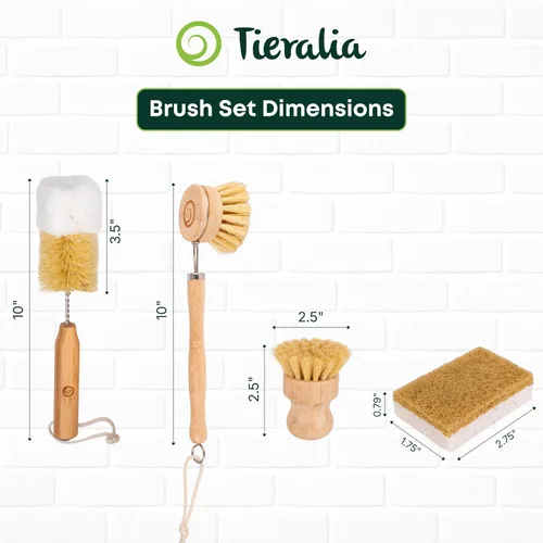Vista 2 de Tieralia Juego de 5 cepillos de bambú para platos, kit de limpieza de cocina ecológico con cepillo para botellas, cepillo largo para platos