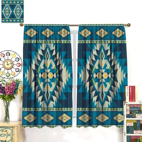 Vista 203 de Cortinas con patrón geométrico tribal, estilo suroeste, azteca, rústico, occidental, nativo americano, opacas, con bolsillo para barra, decoración