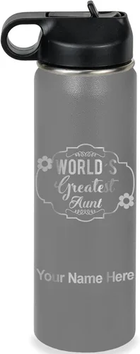Vista 18 de LaserGram Botella de agua con tapa abatible de doble pared de 12 onzas con pajilla, la tía más grande del mundo, grabado personalizado incluido Negro
