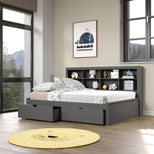 Vista 5 de Donco Kids Equable Modern - Estantería de sofá cama matrimonial en acabado gris oscuro con cajones dobles debajo de la cama