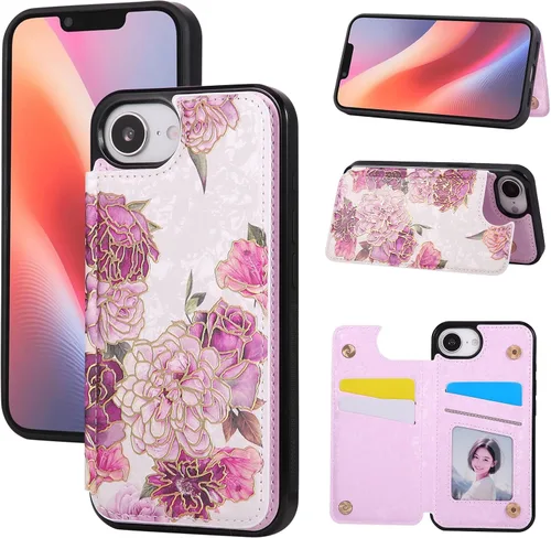 Vista 42 de UEEBAI Funda tipo cartera para iPhone 13 con tarjeteros, piel sintética, diseño floral, función atril, bloqueo RFID, doble cierre magnético, funda