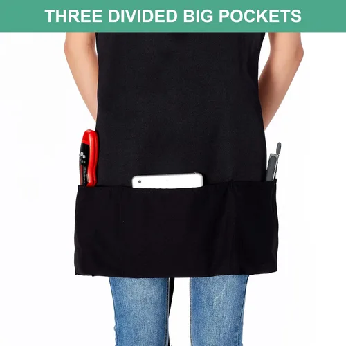 Vista 2 de Jubatus Paquete de 2 delantales ajustables con 3 bolsillos, delantales de cocina para chef, para mujeres y hombres, color negro