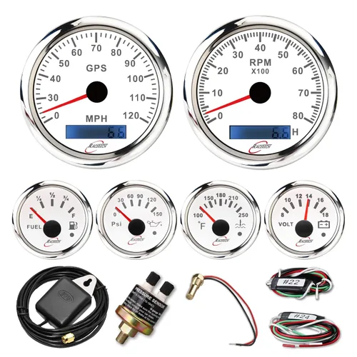 Vista 15 de RACETECH Juego de 6 instrumentos – Velocímetro GPS de 85mm (3-3/8") 120 MPH y Tacómetro 8000 RPM – 90° 52mm (2-1/16") Medidores de combustible, Negro