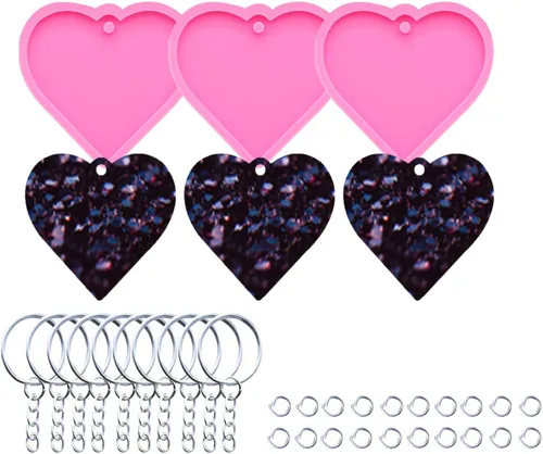 Vista 22 de 3 piezas de moldes de silicona de resina brillante con huella de pata para hacer llaveros DIY, molde de epoxi en forma de corazón con anillo