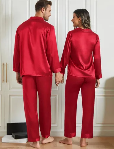 Vista 5 de SWOMOG Conjunto de pijamas de seda a juego para parejas, de satén, con botones, camisa de manga larga y pantalones, ropa de dormir para la familia