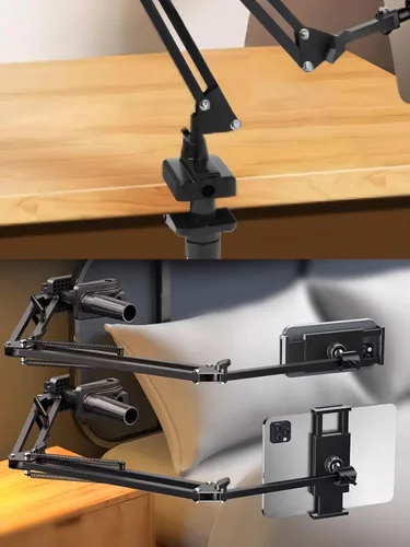 Vista 7 de Soporte de abrazadera de escritorio para suspensión de micrófono con brazo de tijera extensible y soporte, 5 orificios de inserción del brazo