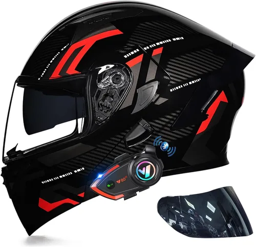 Vista 10 de Casco modular Bluetooth de doble visera para motocicleta, casco integrado abatible de cara completa, con Bluetooth impermeable que puede soportar