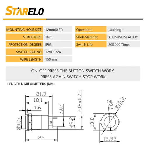 Vista 2 de STARELO 5 piezas 12 mm Interruptor de botón de cierre con carcasa negra y pre-cableado, interruptor de botón de presión impermeable IP65, aleación