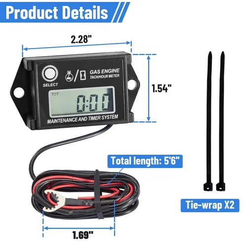 Vista 2 de CarBole Tacómetro Digital de Horas, Tacómetro de Horas para Motor Pequeño, Medidor de Calibre RPM para Cortacésped, Esquís, Moto de Cross, Barco