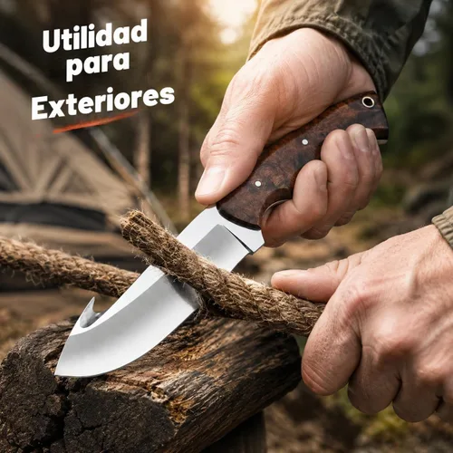 Vista 6 de Cuchillo de gancho de acero D2 hecho a mano - Hoja fija de espiga completa con mango de madera y funda de cuero - Cuchillo afilado para desollar