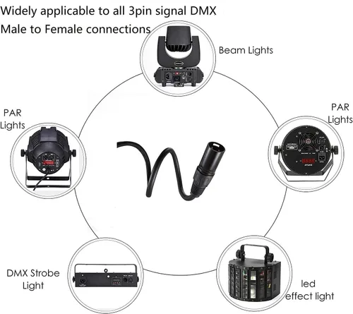 Vista 7 de MFL. Cable DMX flexible de 6.5 pies, señal de 3 pines, XLR macho a hembra, cable para iluminación de escenario, luces de DJ, 22 AWG, impedancia