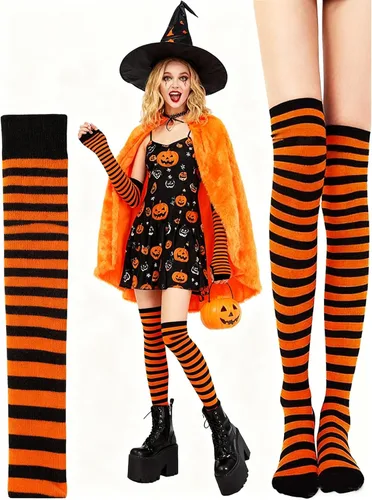 Vista 5 de YELAIVP Conjunto de calcetines altos hasta el muslo de arco iris por encima de la rodilla, accesorios de cosplay, calentadores de piernas para niñas