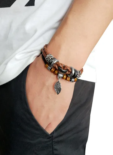 Vista 30 de Suyi brazalete ajustable con varias capas, de cuero tejido trenzado con cruz. Pulsera tipo esclava.