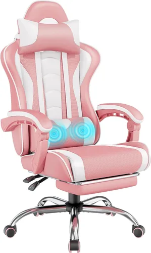 Vista 12 de Yaheetech Silla para videojuegos, silla de videojuegos con soporte lumbar de masaje y reposapiés, silla ergonómica ajustable para computadora