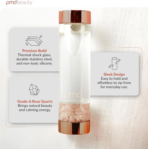 Vista 2 de PMD Beauty Botella de agua de vidrio Aqua con cuarzo rosa grado A de 16.2 onzas, botella de vidrio reutilizable, sin BPA, diseño minimalista
