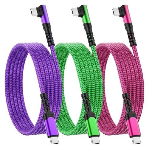 Vista 15 de Cable corto USB C a USB C de 60 W (1 pie, paquete de 3), cable USB-C trenzado de nailon de carga rápida en ángulo recto, cable de carga C de 90 Rojo