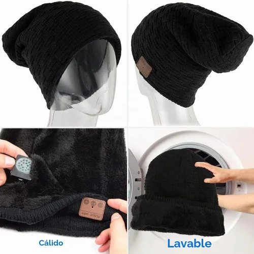 Vista 6 de Gorro Bluetooth para mujeres y hombres, inalámbrico con auriculares, con música, gorro de invierno, gorro inteligente con auriculares musicales Negro
