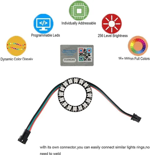 Vista 2 de Anillo LED WS2812 de 16 bits con cable de enchufe SM2.54-3P, WS2812B 5050 Módulo LED RGB direccionable DC5V con controladores incorporados