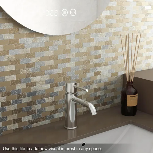 Vista 3 de BeNice Azulejos de metal para salpicaduras de cocina, despegar y pegar, azulejos de pared de baño, color beige (10 hojas)