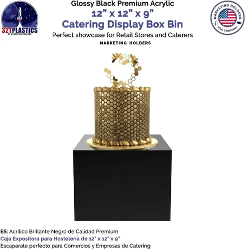 Vista 3 de Caja elevadora de acrílico de 12 x 12 x 9 pulgadas con un lado abierto sin tapa, negro brillante, versátil cubo cuadrado de almacenamiento