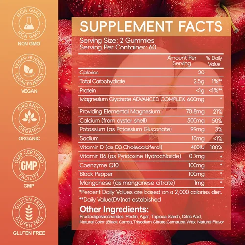Vista 2 de Gomitas de glicinato de magnesio de 600 mg de alta absorción, glicinato de magnesio para mujeres y hombres con vitamina D, B6 y CoQ10 para adultos