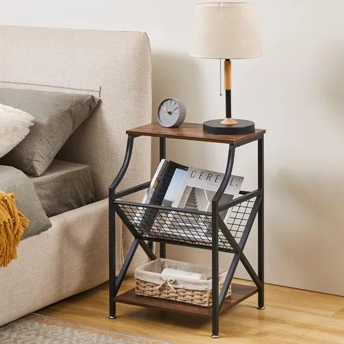 Vista 4 de VECELO Mesita de noche de 3 niveles con soporte para revistas en forma de V, mesita de noche pequeña con estante de almacenamiento abierto para sala
