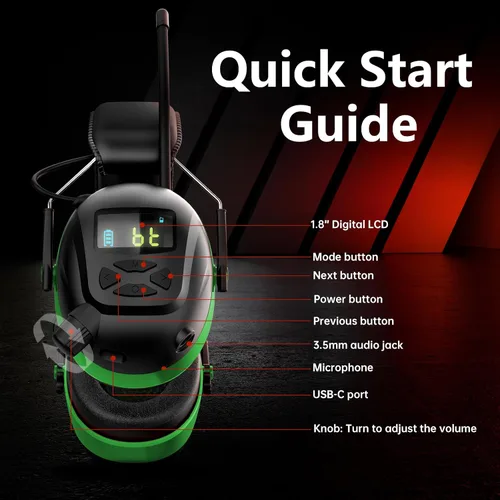 Vista 6 de Bluetooth 6.0 AM/FM Hearing Protection, Radio Headphones with Digital Display, 30 SNR Noise Reduction Safety Earmuffs with Rechargeable 2000 mAh