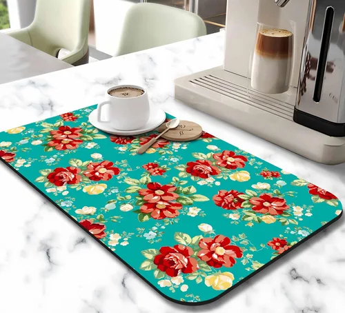 Vista 2 de Tapete de secado de platos para encimera de cocina, 20 x 12 pulgadas, lavable, almohadilla de secado rápido de platos, parte trasera de goma Flores