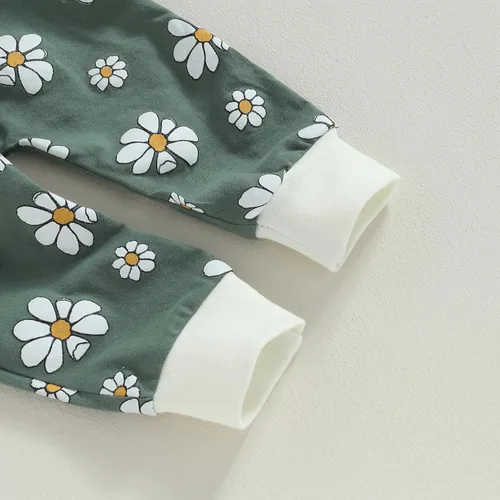 Vista 5 de Conjunto de 2 piezas de sudadera y pantalones de manga larga con cuello redondo y estampado floral para bebé niña