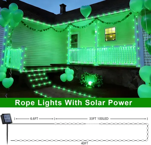 Vista 7 de QITONG Paquete de 2 luces solares verdes, cada cadena de 100 luces LED de 33 pies para exteriores, 8 modos de luces de hadas en tubo de PVC